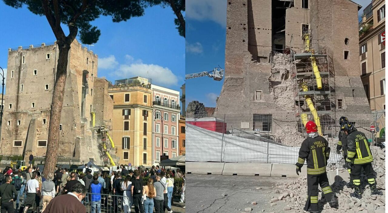Roma, la Torre dei Conti parzialmente crollata ai Fori Imperiali: eretta nel 1238 da Papa Innocenzo III, era in ristrutturazione