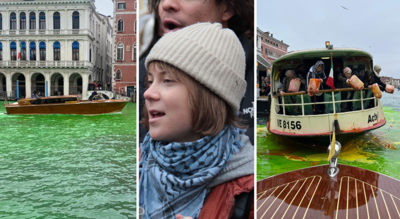 Canal Grande imbrattato di verde dal movimento Extinction Rebellion: alla protesta anche Greta Thunberg