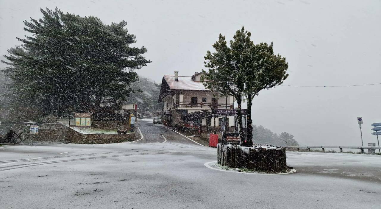 Prima neve di stagione sul Faito, imbiancate strade e faggete