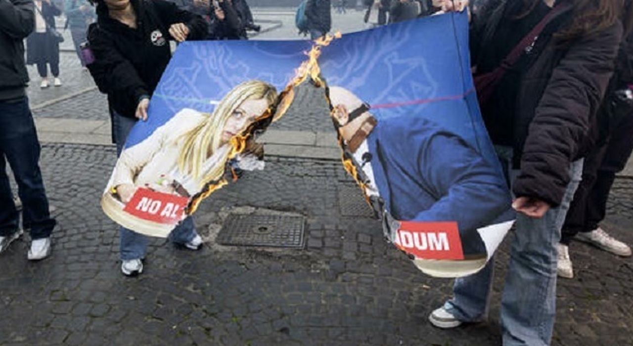 foto bruciate di meloni nordio e trump al corteo per il no al referendum identificati i primi tre manifestanti 2 vengono da padova