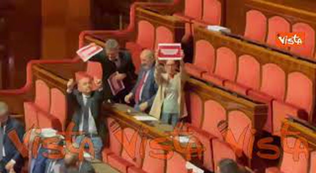Dl sicurezza, opposizioni con cartelli in Aula Senato, 'Con Governo Meloni zero sicurezza'