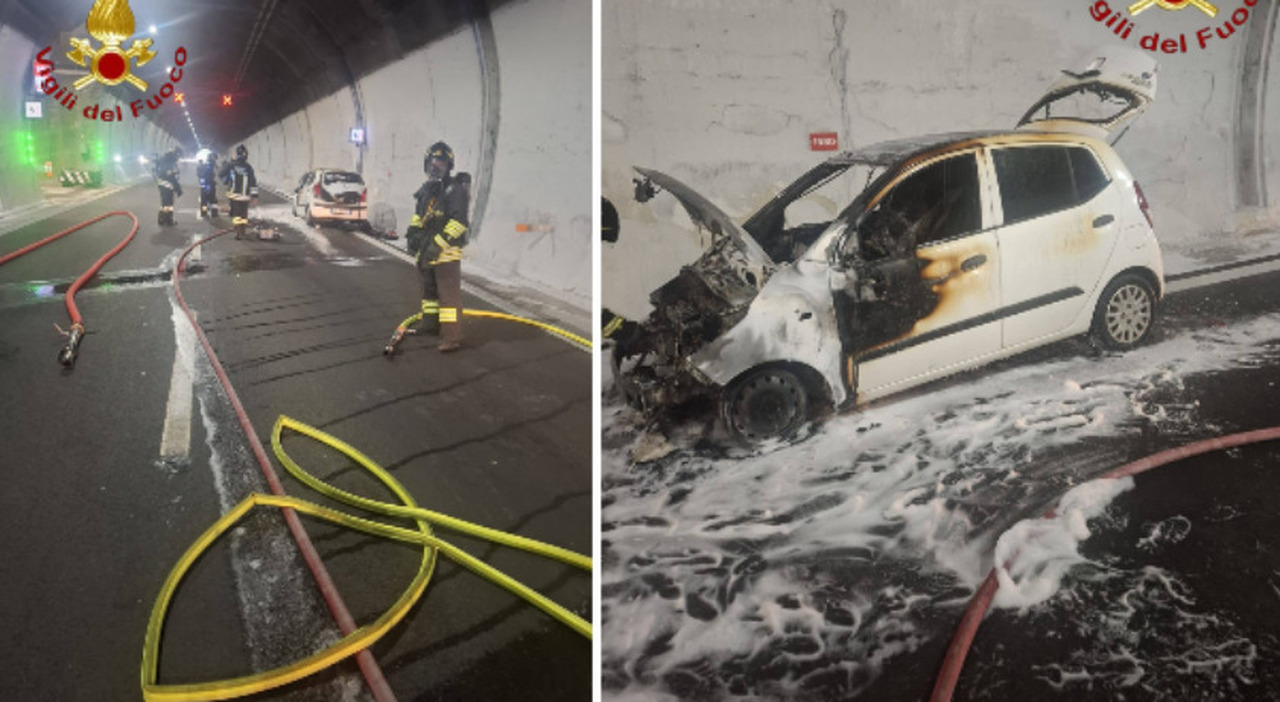 auto si incendia all esterno della galleria chiuso il tratto dell a27 tra vittorio veneto sud e nord un chilometro di coda