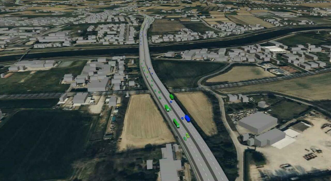 Strada in raddoppio con due corsie e spartitraffico, traffico intenso in zona Padova