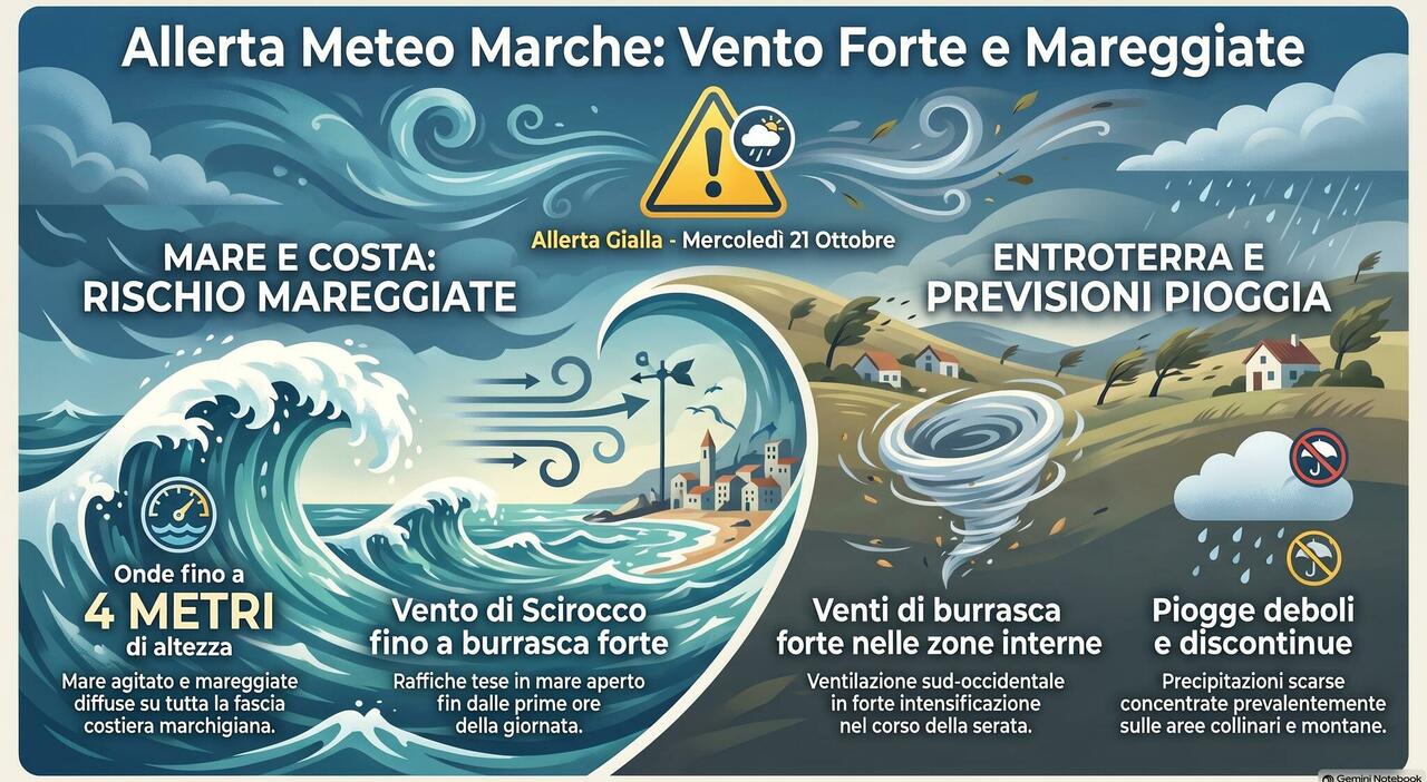 Marche, allerta meteo gialla: onde alte fino a quattro metri e vento con raffiche da burrasca Marche, allerta meteo gialla: onde alte fino a quattro metri e vento con raffiche da burrasca