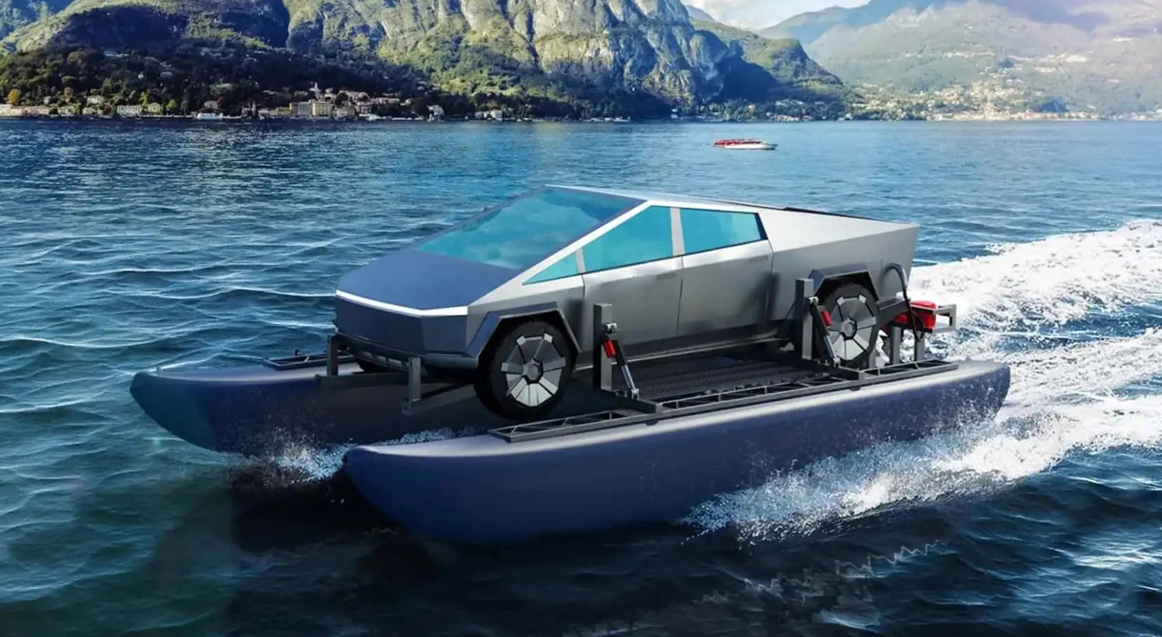 Tesla Cybertruck potrà navigare. Con un kit il pick-up si trasformerà in una barca per percorrere brevi corsi d'acqua