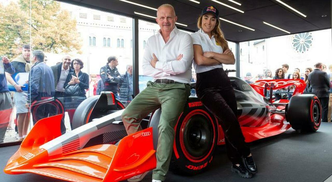 Sofia Goggia e Fabrizio Longo con l'Audi di Formula 1