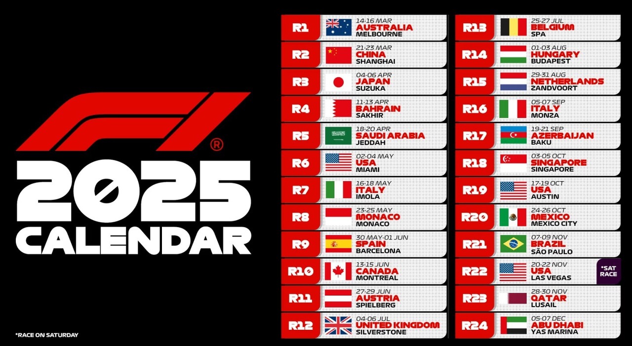 Offenlegung des Formel-1-Kalenders 2025 mit 24 Rennen
