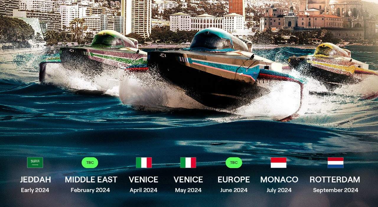 la locandina del calendario dell E1 Series, il campionato mondiale di motonautica riservato a equipaggi misti