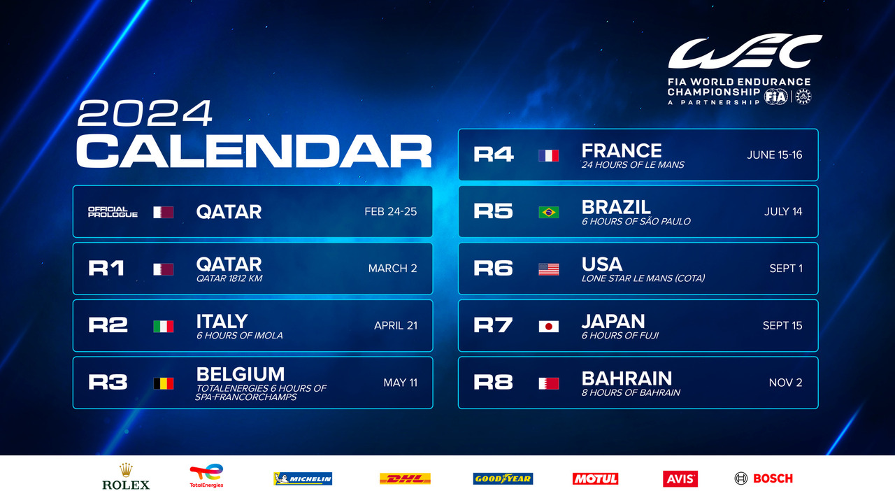 Il calendario del WEC per il 2024 vede otto date, due in più, con l'apertura nel Qatar e la chiusura nel Bahrain. Monza per quest'anno cederà il passo ad Imola mentre la 24 Ore di Le Mans si svolgerà il 15-16 giugno