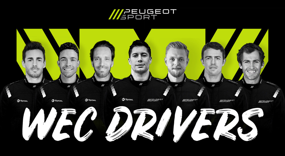 I piloti di Peugeot Sport per la stagione WEC 2022, da sinistra: James Rossiter (riserva), Mikkel Jensen, Jean-Éric Vergne, Loïc Duval, Kevin Magnussen, Paul Di Restae Gustavo Menezes.