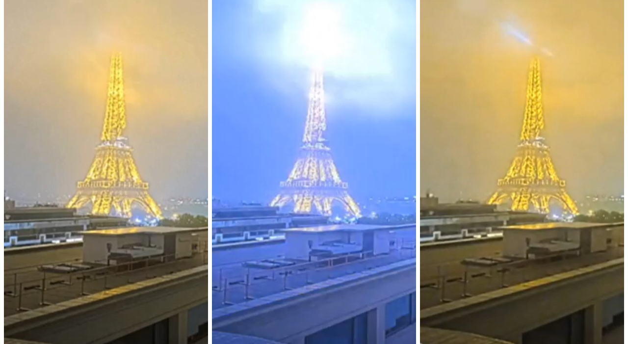 Fulmine colpisce la Torre Eiffel nella notte il cielo si illumina