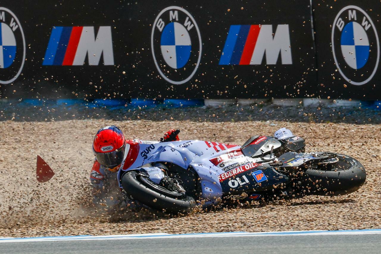 Spanish MotoGP rider Alex Marquez of Gresini Racing MotoGP falls during the Sprint race