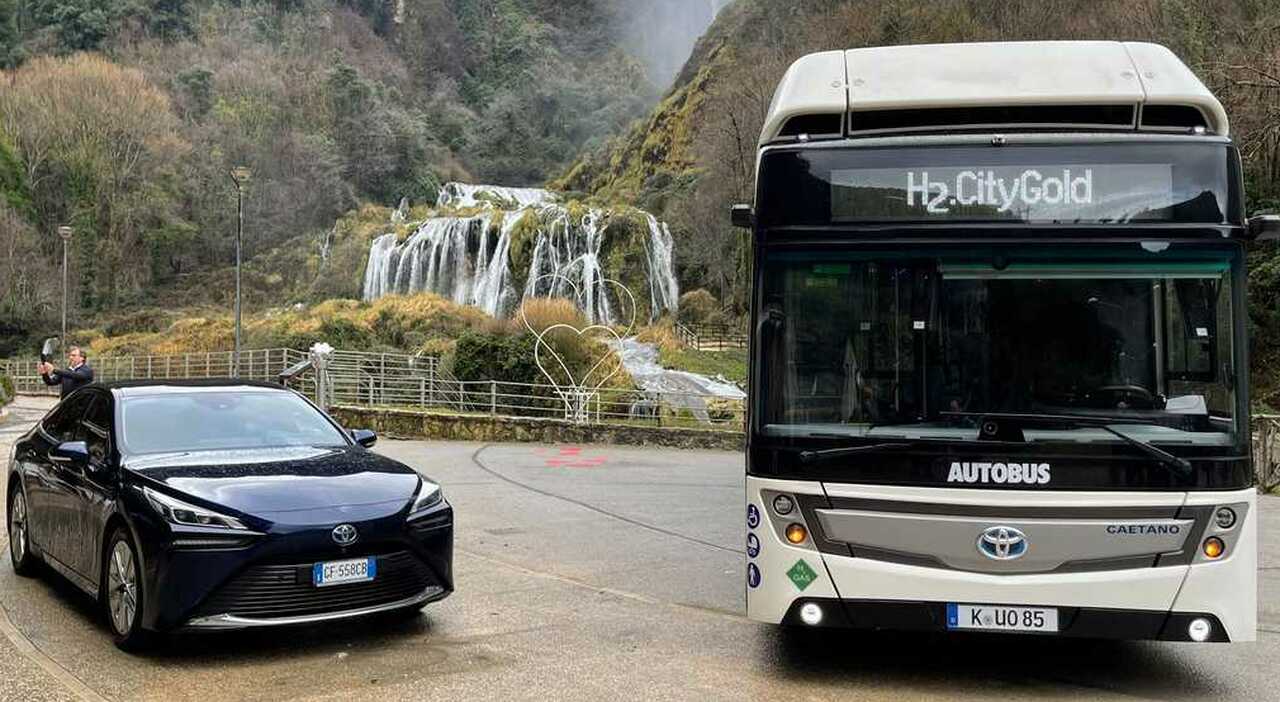 La Toyota Mirai e l'H2.City Gold di CaetanoBus che sfrutta le stesse fuel cell a idrogeno per produrre a bordo l'energia elettrica