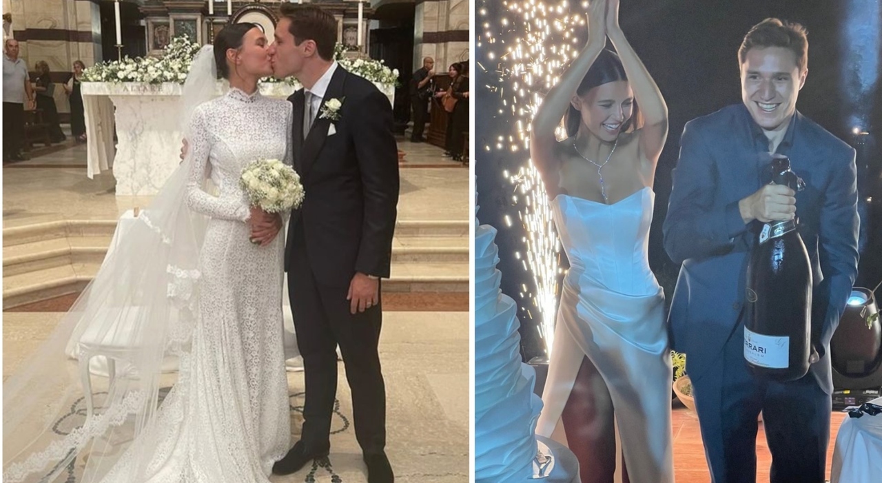 Federico Chiesa e Lucia Bramani, i due look della sposa: pizzo alla