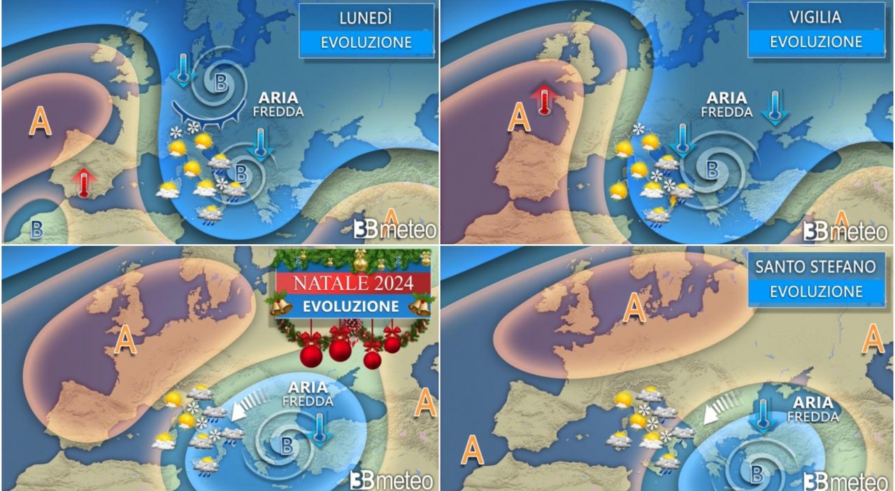 Meteo vigilia, Natale e Santo Stefano: freddo artico, pioggia e neve. Le previsioni (anche verso Capodanno)