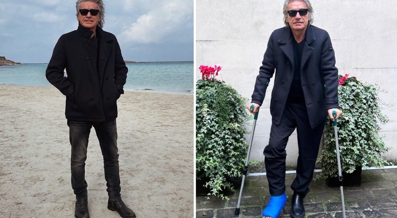 Ligabue con le stampelle e la gamba ingessata la foto preoccupa i fan Cosa è successo