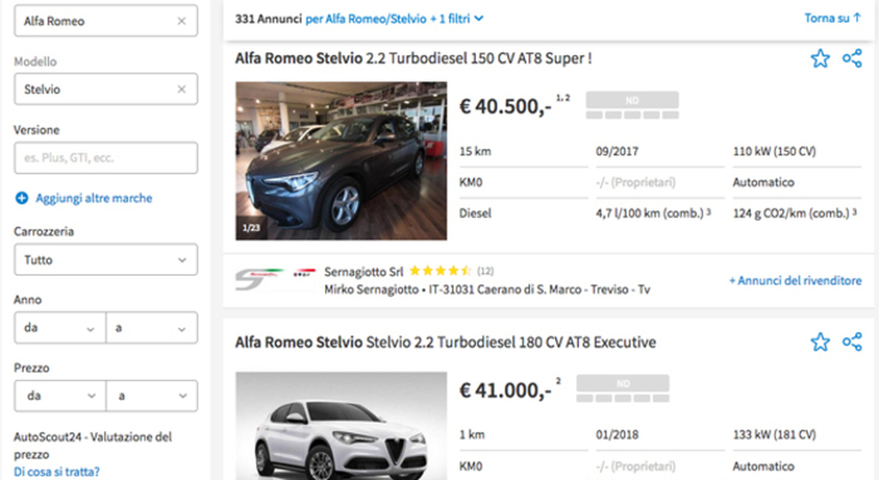 Una pagina web di ricerca di un'auto in vendita