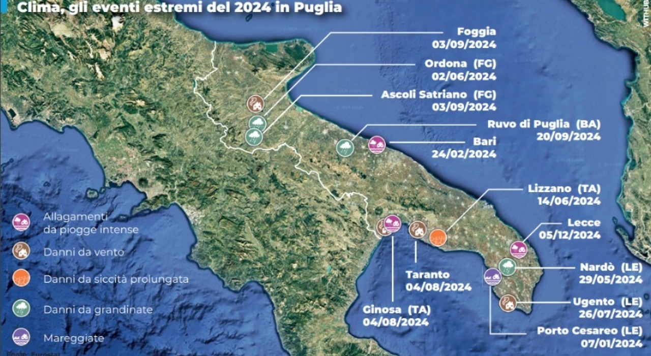 Da Bari a Ugento: nel 2024 in Puglia 13 eventi estremi legati al clima. Grandine, allagamenti e vento: ecco l