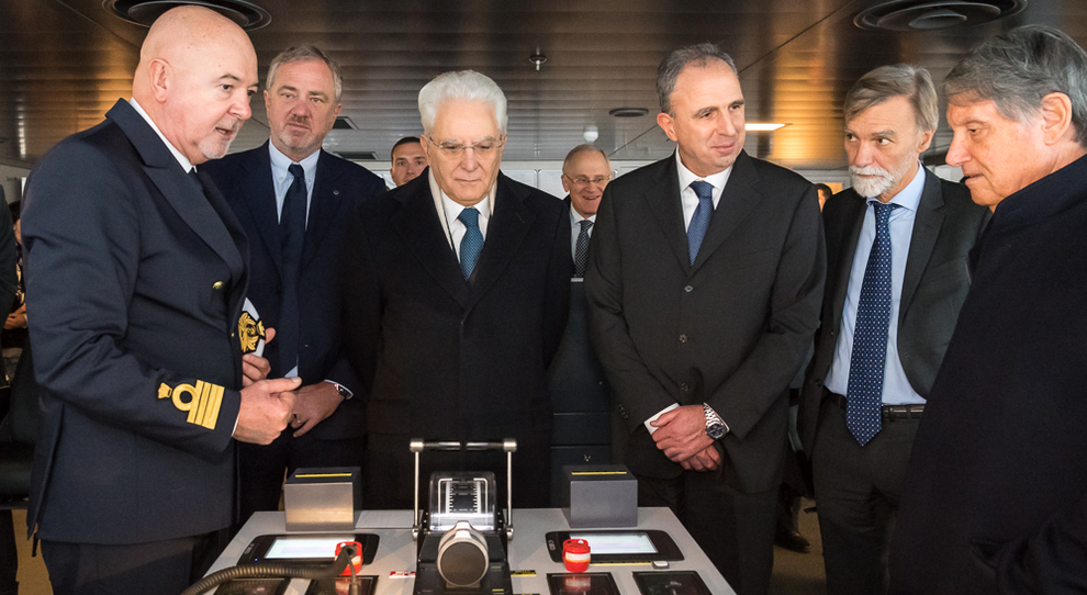 Il Presidente della Repubblica Sergio Mattarella durante la cerimonia di consegna della Msc Seaside con l armatore Gianluigi Aponte ed il ministro Graziano Delrio