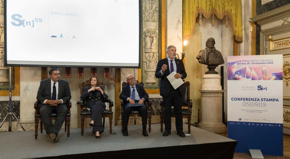 Un momento della conferenza stampa di presentazione del Salone di Genova 2019