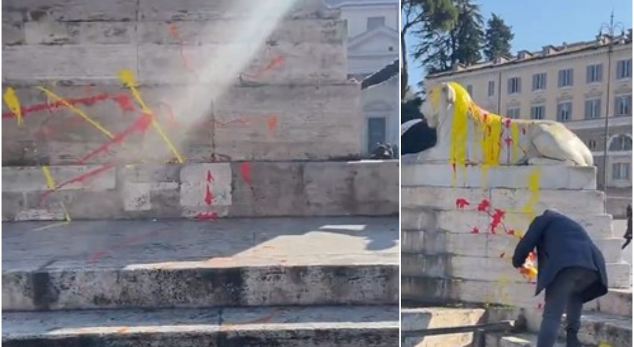 La fontaine des lions sur la Piazza del Popolo à Rome vandalisée