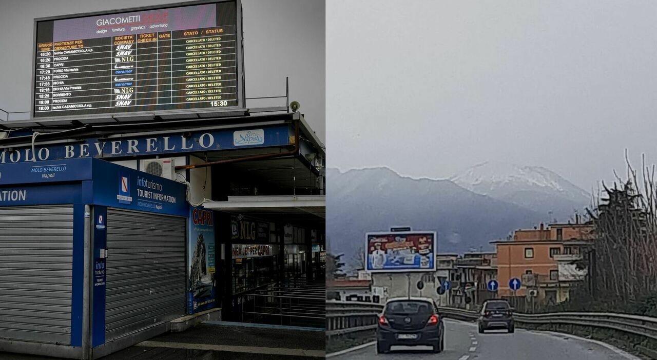 Neve al Centro Sud: Vesuvio imbiancato, scuole chiuse lunedì in alcuni comuni della Campania. Tempesta blocca le navi, Capri isolata