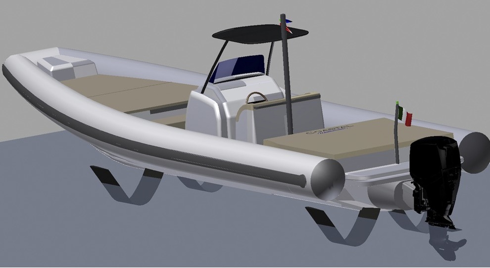 Un rendering del gommone di Coastal Boat con tecnologia FRB, che sta per Foil Rubber Boat