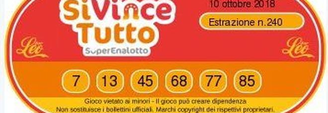 SiVinceTutto Superenalotto di mercoledì 10 ottobre 2018: numeri vincenti e quote
