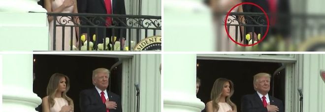 Melania e il colpetto sulla mano a Donald durante l'inno Usa Melania e il colpetto sulla mano a Donald durante l'inno Usa