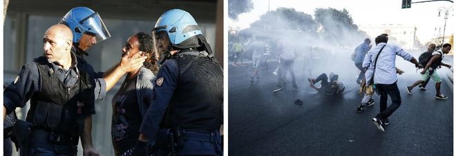 Roma, tensione durante sgombero migranti: bombole del gas contro agenti, rifugiati respinti con idranti