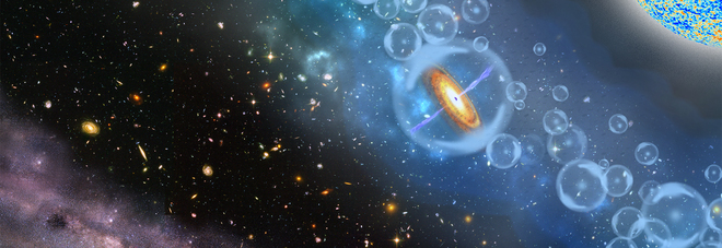 La rappresentazione schematica del viaggio nel tempo che è possibile effettuare grazie alla scoperta del quasar più distante mai visto. L'osservazione grazie a uno dei telescopi Magellano (in basso a sinistra) La rappresentazione schematica del viaggio nel tempo che è possibile effettuare grazie alla scoperta del quasar più distante mai visto. L'osservazione grazie a uno dei telescopi Magellano (in basso a sinistra)