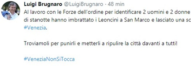 La furia del sindaco: «Li troveremo e ripuliranno la città davanti a tutti, #Venezianonsitocca»