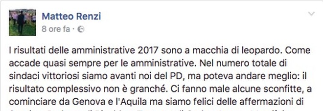 Renzi su Facebook minimizza la sconfitta: "Voto locale, le politiche sono un'altra cosa"