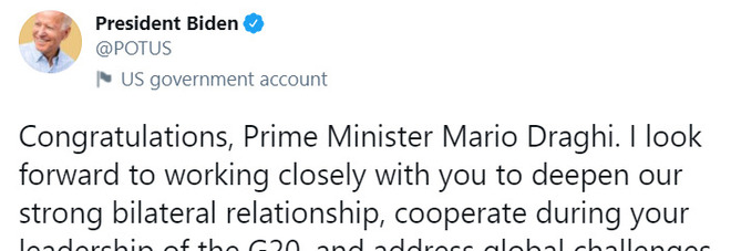 Biden fa gli auguri a Draghi: «Complimenti, non vedo l'ora di collaborare»