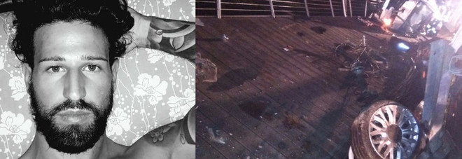Roberto D'Agostin e la sua auto dopo l'incidente