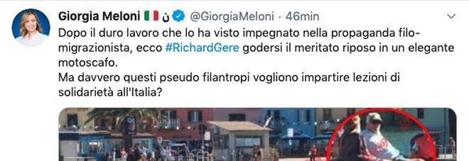 Richard Gere in motoscafo, Giorgia Meloni: «Pseudo filantropi, vogliono dare lezioni all'Italia?»