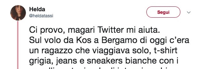 Colpo di fulmine sull'aereo: «Aiutatemi a trovare quel ragazzo». L'appello conquista Twitter
