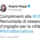 Virginia Raggi esalta la Roma: «Prova d'orgoglio per la città e per l'Italia intera»