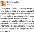 • Giorgia Meloni su Facebook: "Cantiamo 'Imagine' e il male sparirà"