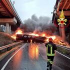 Tir precipita dal viadotto in autostrada e prende fuoco, morto il conducente. Chiuso il tratto dell'A1