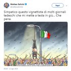 Salvini e la vignetta che evoca piazzale Loreto: «Io ritratto a testa in giù, che pena»