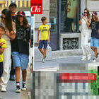 Eros Ramazzotti e Dalila Gelsomino con i figli di lui, la famiglia allargata a spasso per le vie di Milano