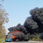 Roma, bus Cotral a fuoco sulla Pontina: nessun ferito