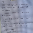 Allarme bomba a Trani: scuole chiuse e treni fermi. Il biglietto di minacce con firma islamica: «Lotteremo fino alla fine»