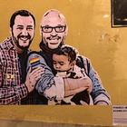 Salvini e Fontana insieme nel murales della famiglia arcobaleno
