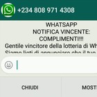Lotteria su Whatsapp, l'allarme della Polizia Postale: "Attenzione alla truffa"