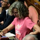 Cirinnà con maglietta rosa pro famiglie gay al Senato