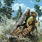 Cucciolo di dinosauro nella pancia di un coccodrillo