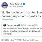Calenda e Letta, l'addio su Twitter: «Carlo alleato solo con se stesso» e lui taglia corto: «Buon viaggio»