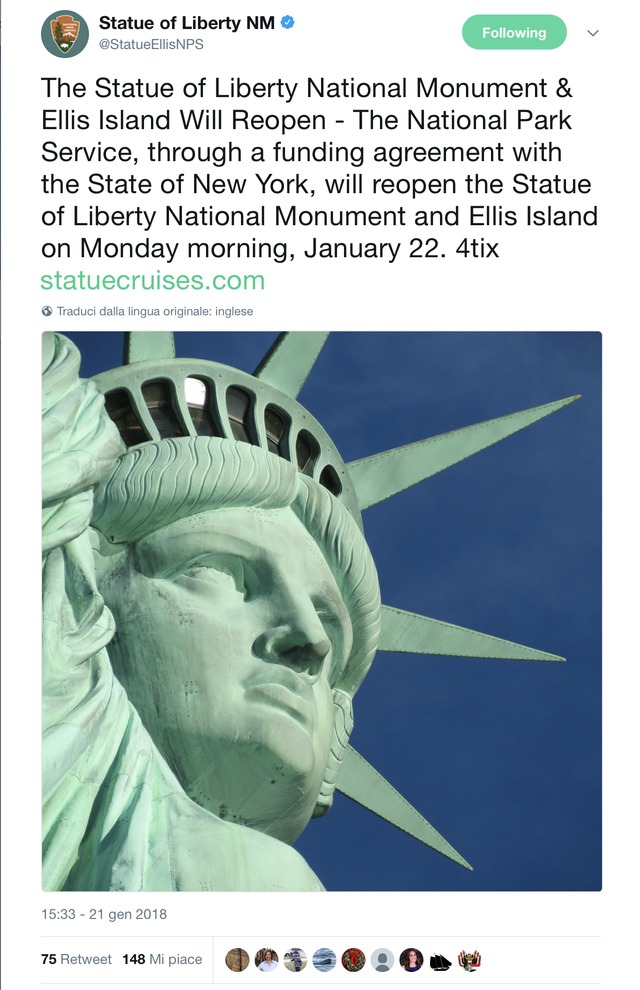 Raggiunto un accordo con lo Stato di New York: la Statua della Libertà  riapre ai turisti